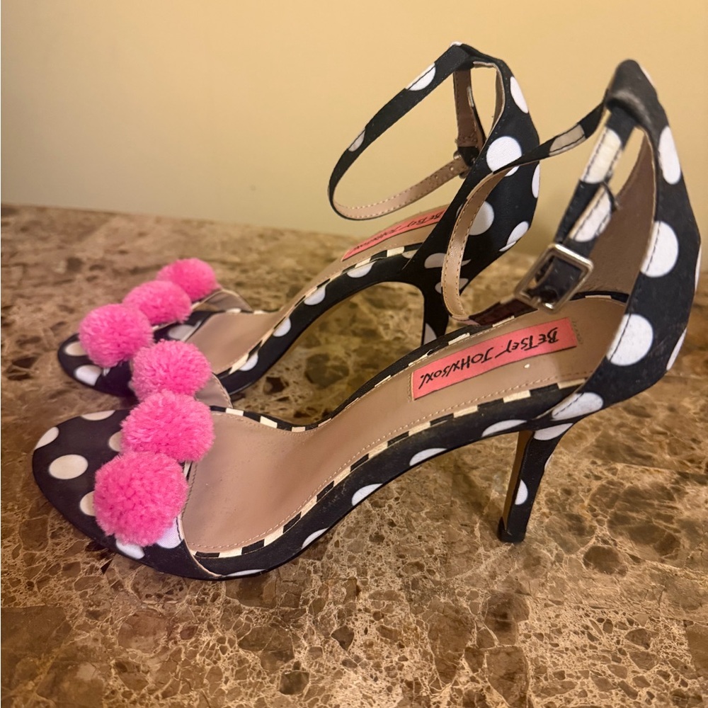 Betsey Johnson Polka Dot Heels with Pink Pom Poms - Picture 3 of 5